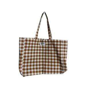 Sezane Brown Cream Gingham Check 100% Cotton Canvas Large Shopper Tote Bag NWOT